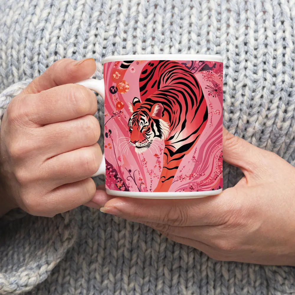 Red Tiger Prowling Pink Floral Swirl Background – Mugs