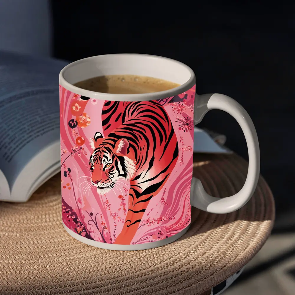 Red Tiger Prowling Pink Floral Swirl Background – Mugs