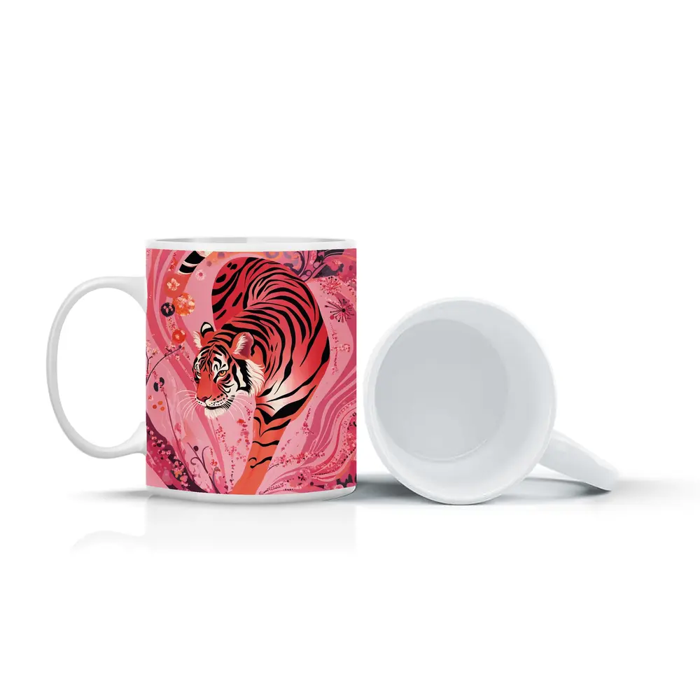 Red Tiger Prowling Pink Floral Swirl Background – Mugs