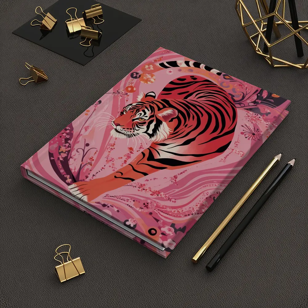 Red Tiger Prowling Pink Floral Swirl Background – Notebooks