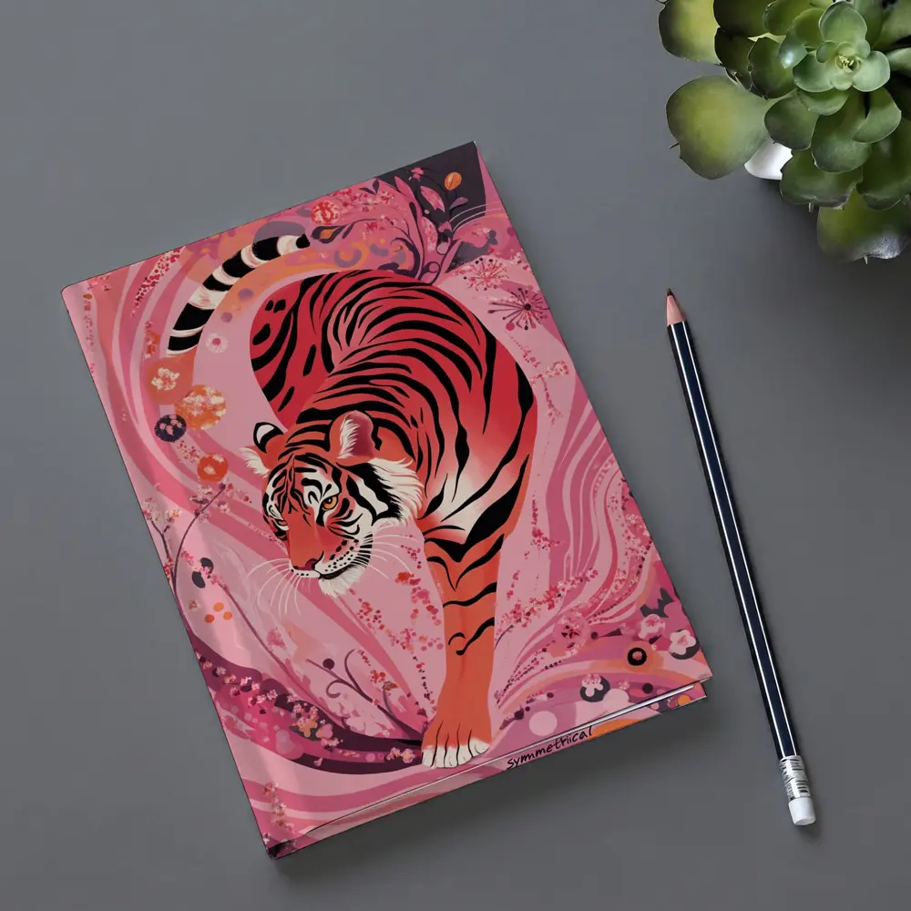Red Tiger Prowling Pink Floral Swirl Background – Notebooks