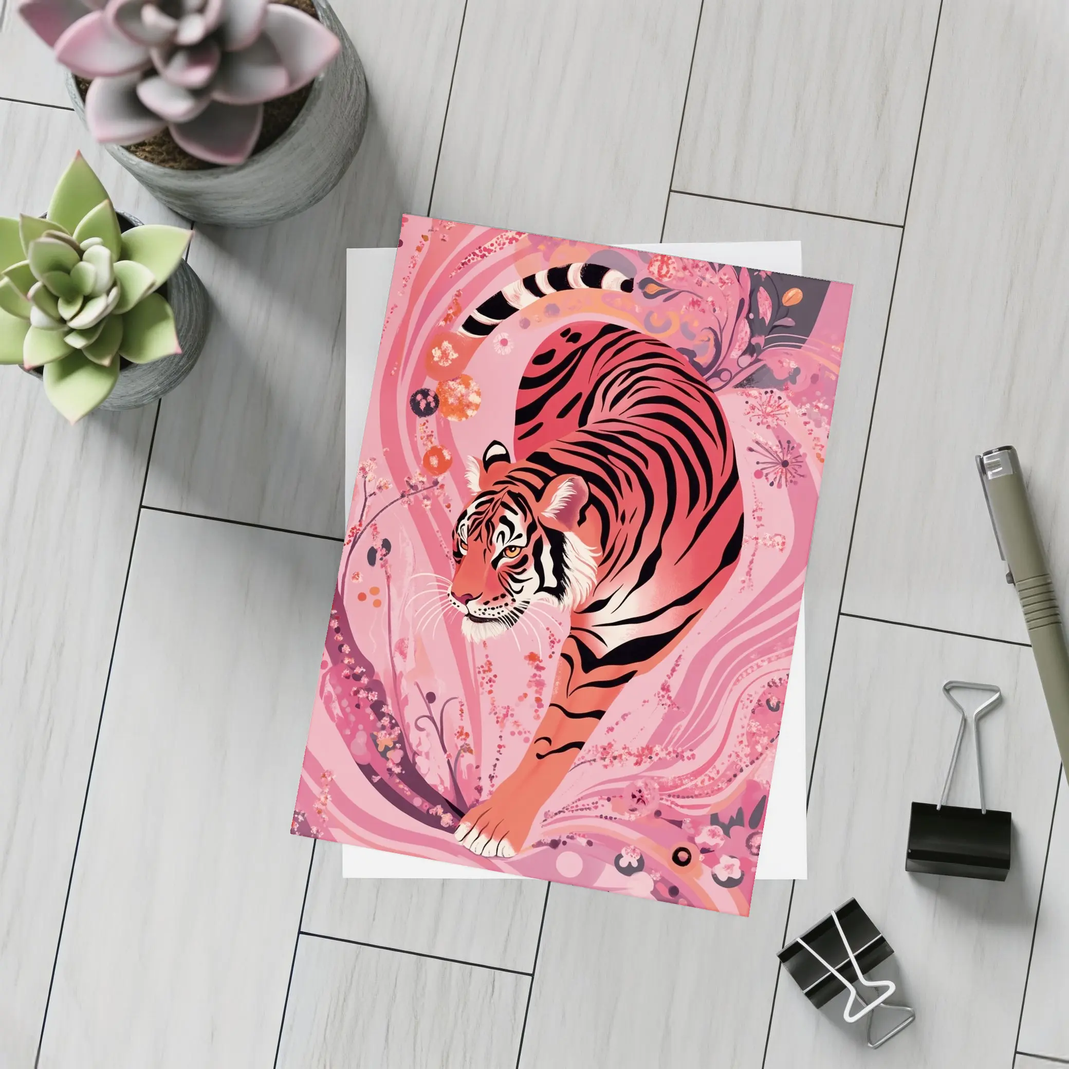 Red Tiger Prowling Pink Floral Swirl Background – Postcards