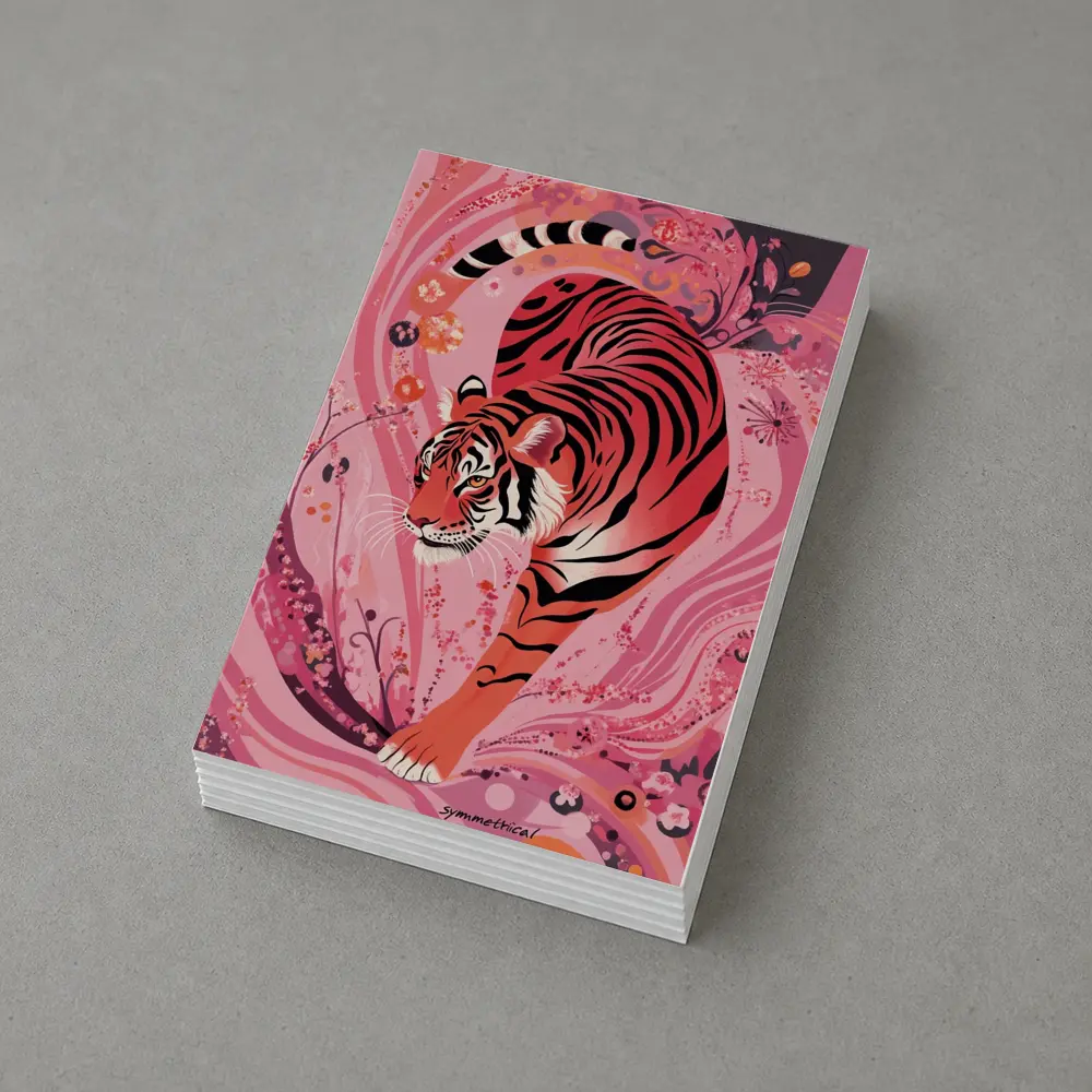 Red Tiger Prowling Pink Floral Swirl Background – Postcards