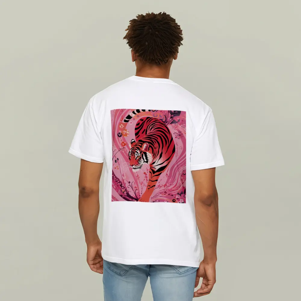 Red Tiger Prowling Pink Floral Swirl Background – T-Shirts
