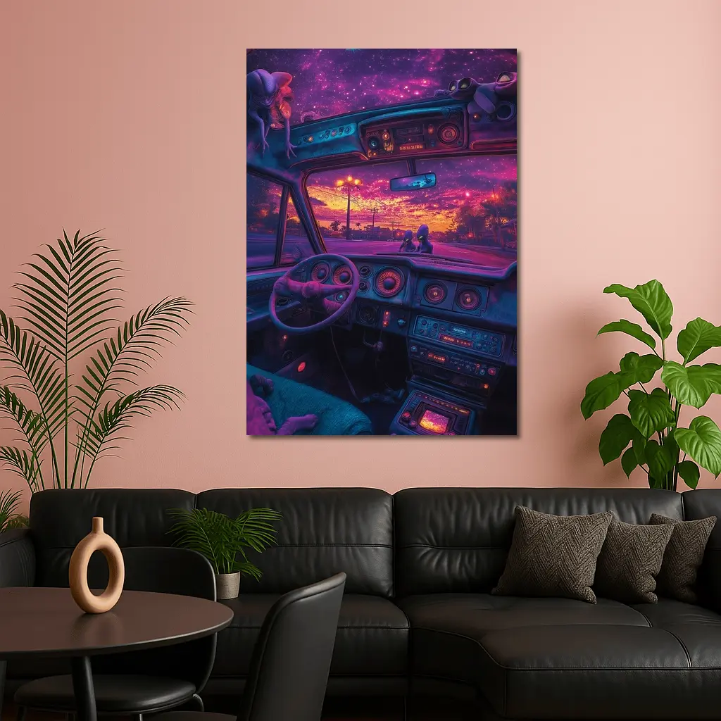 Retro Car Interior Galaxy Night Drive – Wall Art