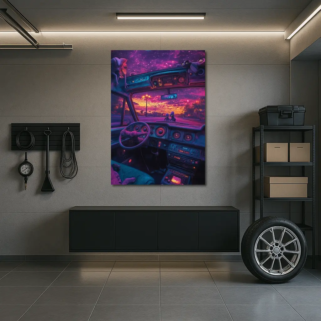 Retro Car Interior Galaxy Night Drive – Wall Art