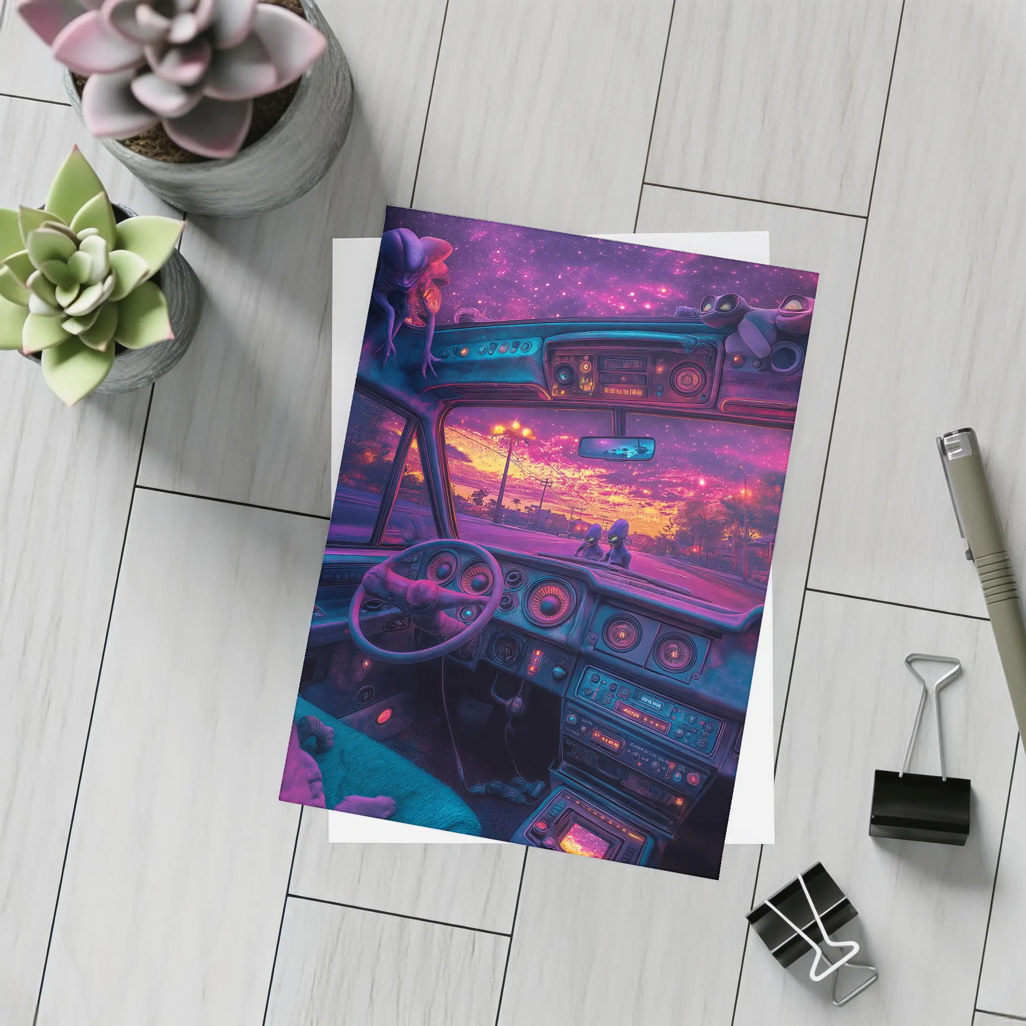 Retro Car Interior Galaxy Night Drive – Postcards