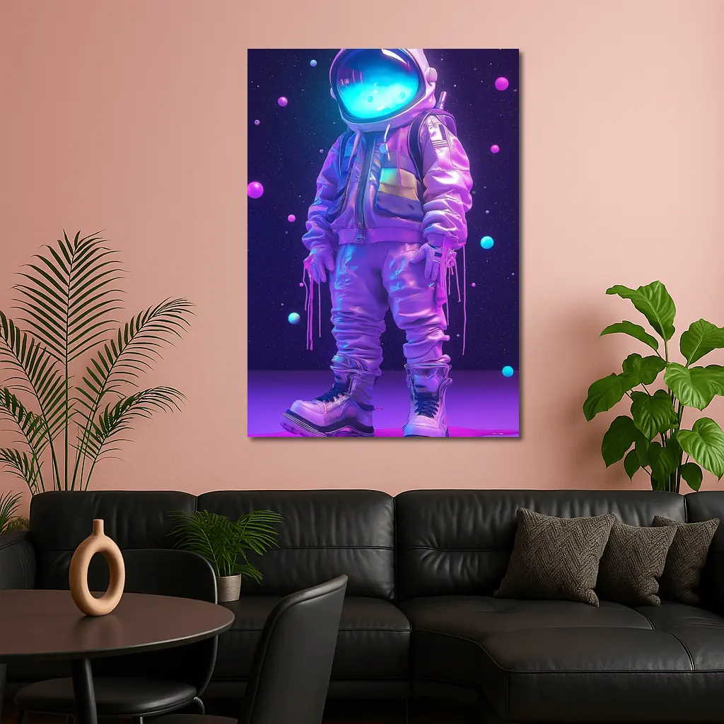 Neon Astronaut Standing in Purple Space – Wall Art