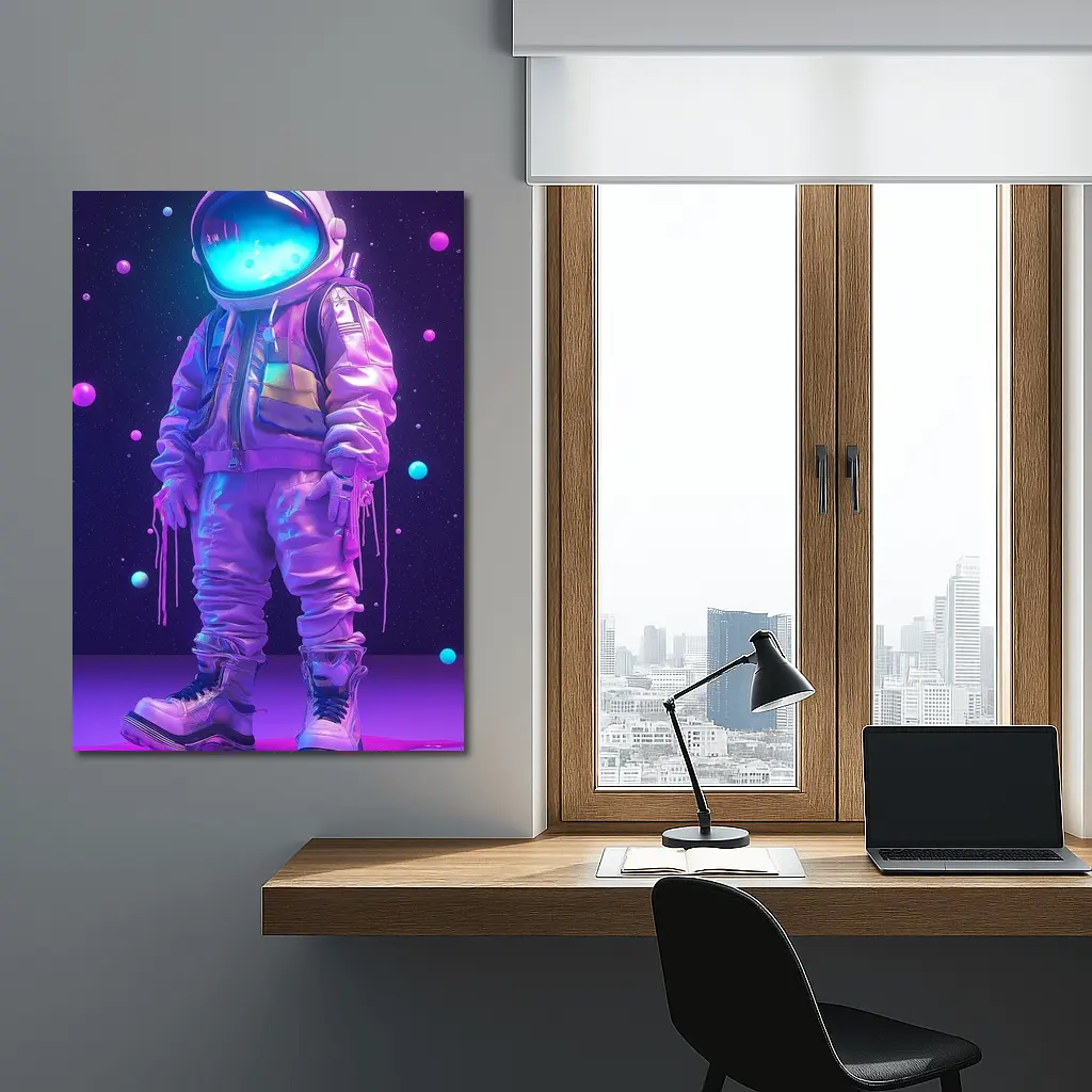 Neon Astronaut Standing in Purple Space – Wall Art
