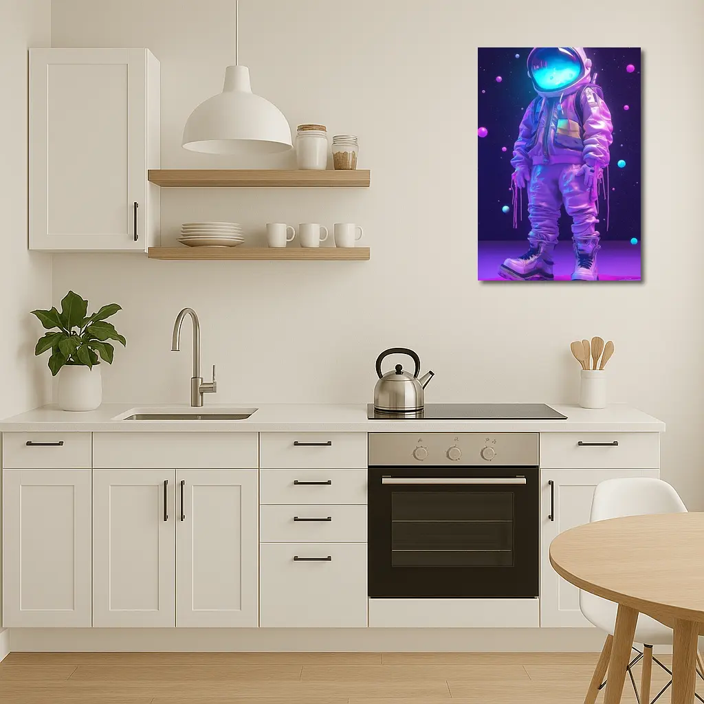 Neon Astronaut Standing in Purple Space – Wall Art