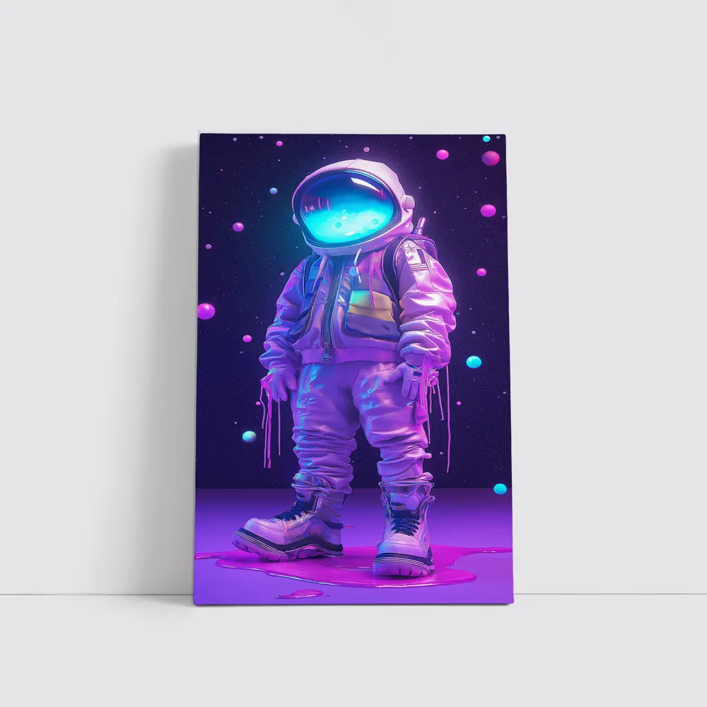 Neon Astronaut Standing in Purple Space – Wall Art