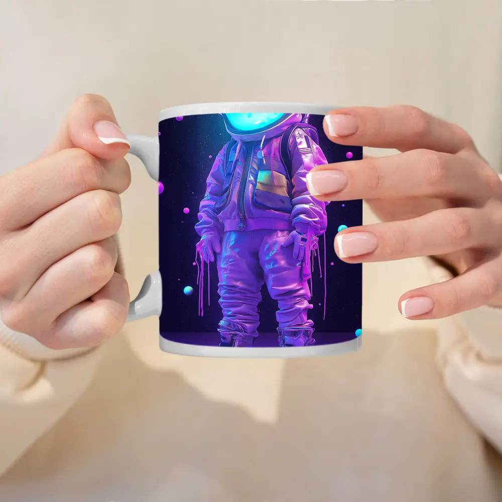 Neon Astronaut Standing in Purple Space – Mugs