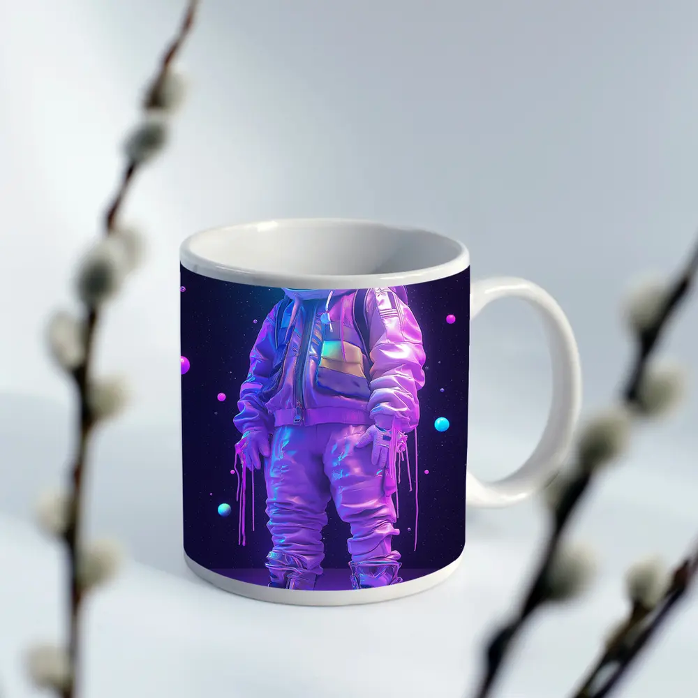 Neon Astronaut Standing in Purple Space – Mugs
