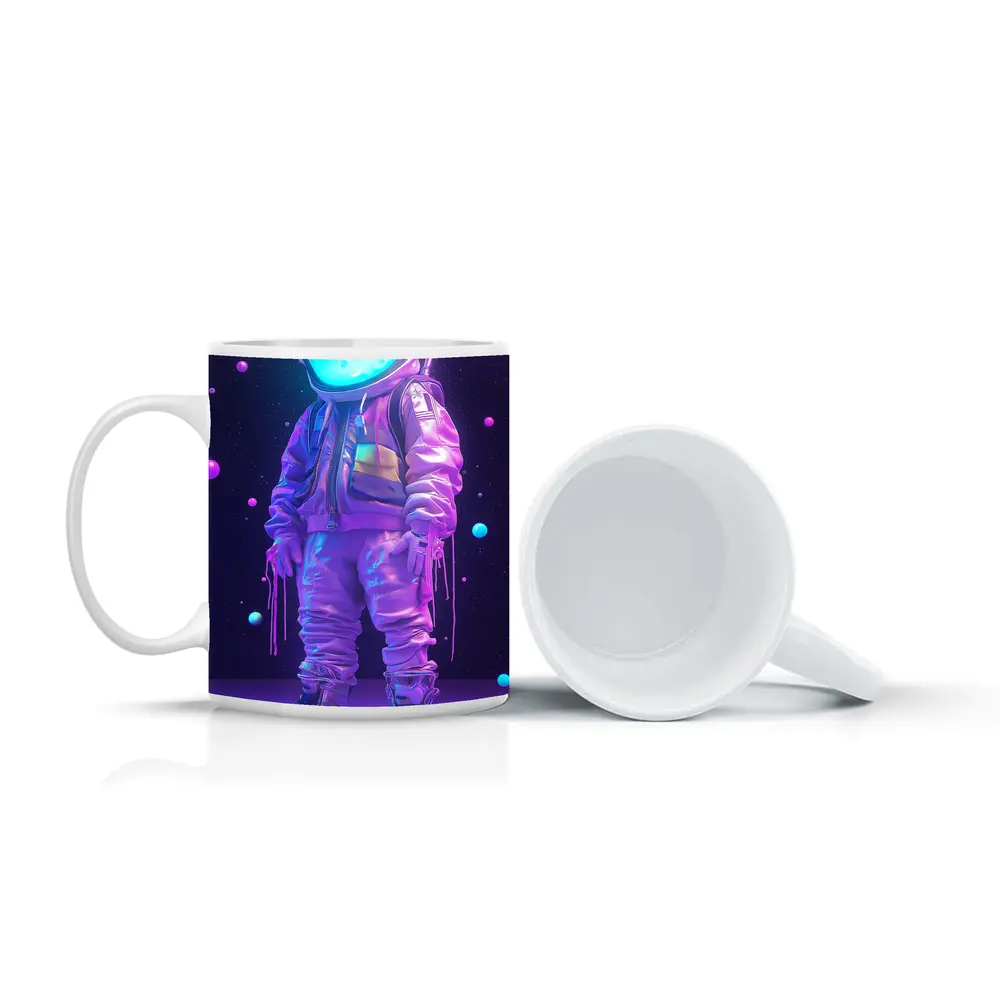 Neon Astronaut Standing in Purple Space – Mugs