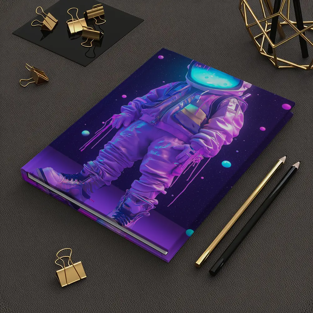 Neon Astronaut Standing in Purple Space – Notebooks