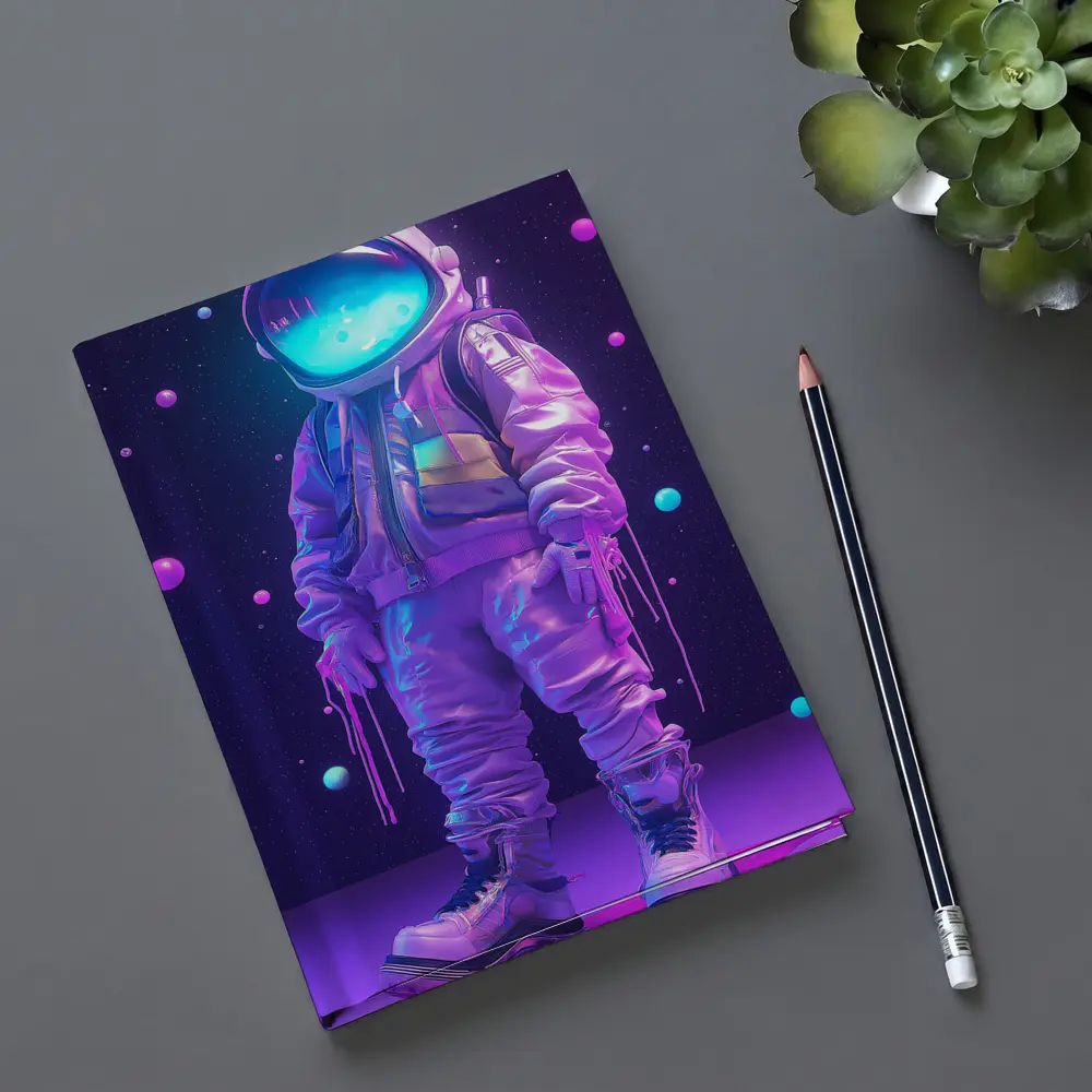 Neon Astronaut Standing in Purple Space – Notebooks