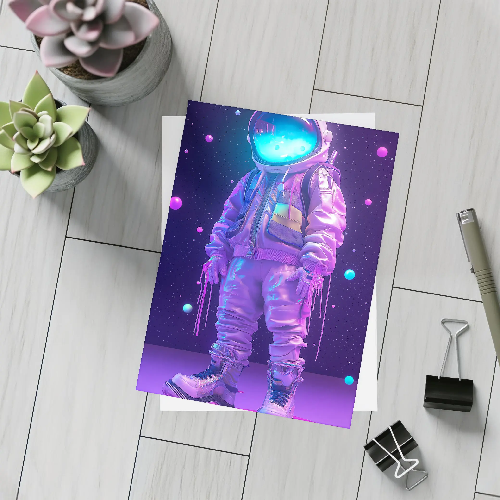 Neon Astronaut Standing in Purple Space – Postcards