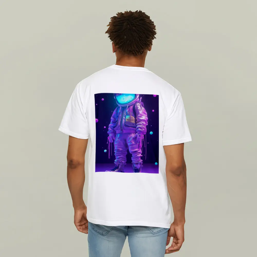 Neon Astronaut Standing in Purple Space – T-Shirts