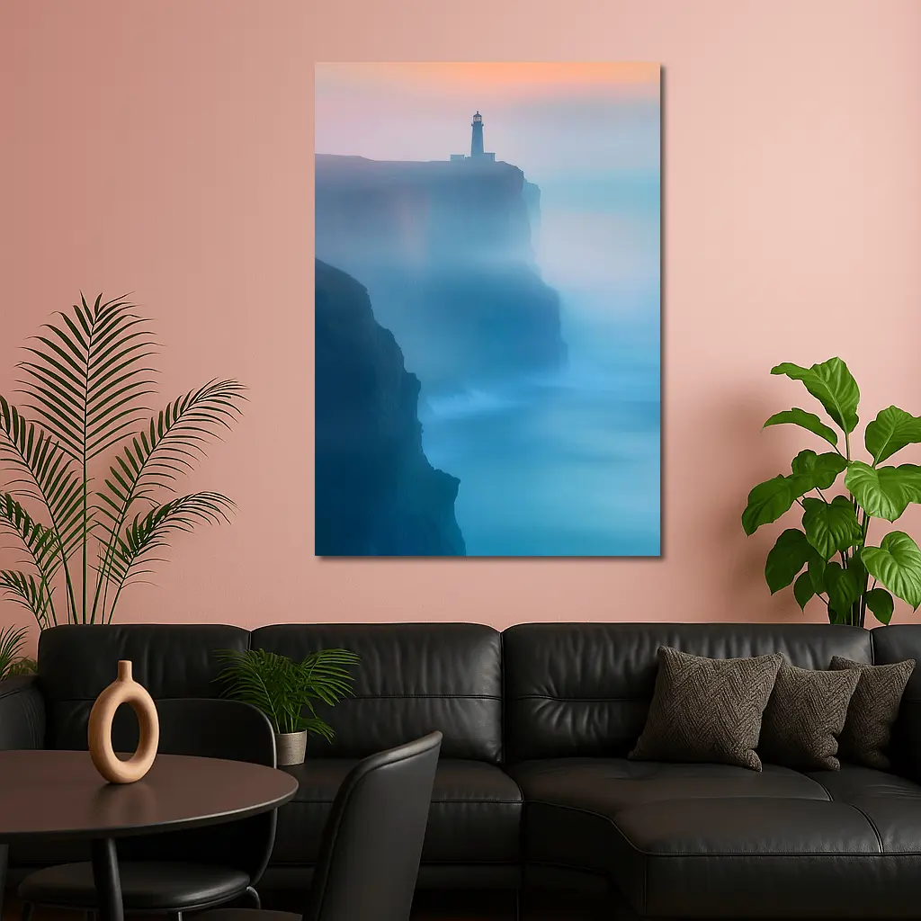 Lighthouse on Misty Cliffs at Sunset – Wall Art
