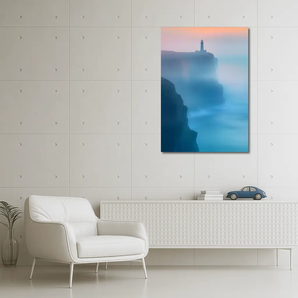Lighthouse on Misty Cliffs at Sunset – Wall Art