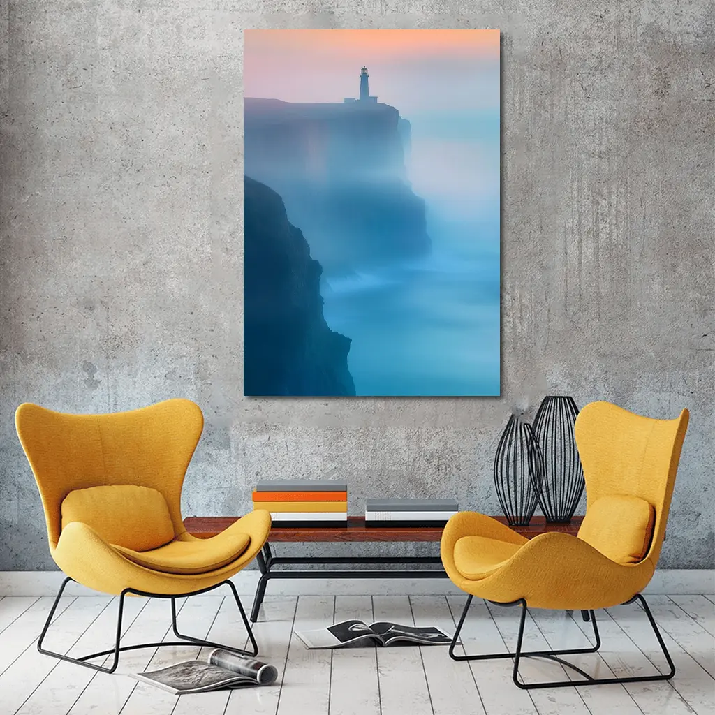 Lighthouse on Misty Cliffs at Sunset – Wall Art