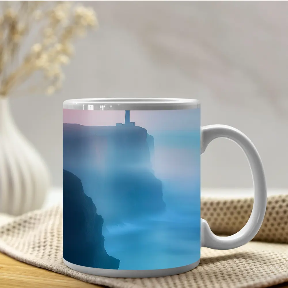 Lighthouse on Misty Cliffs at Sunset – Mugs