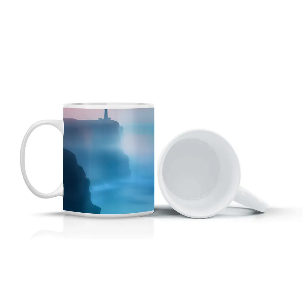 Lighthouse on Misty Cliffs at Sunset – Mugs