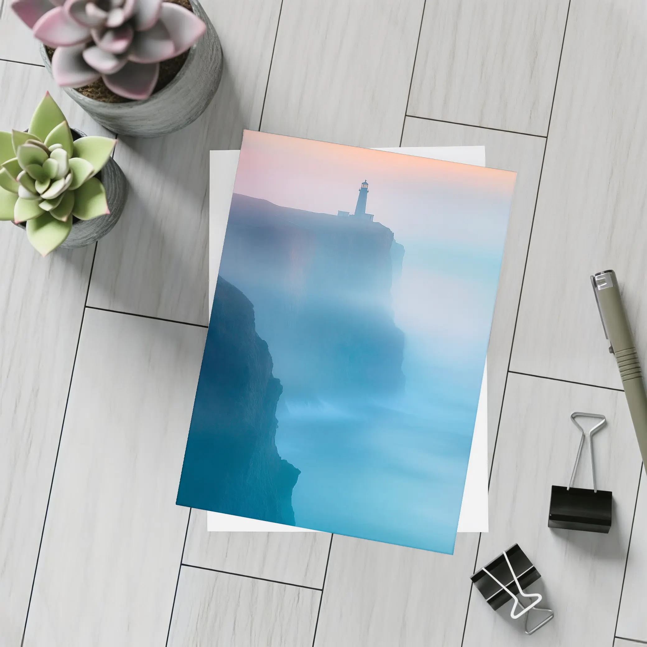 Lighthouse on Misty Cliffs at Sunset – Postcards