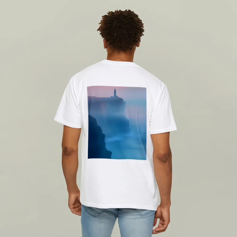 Lighthouse on Misty Cliffs at Sunset – T-Shirts