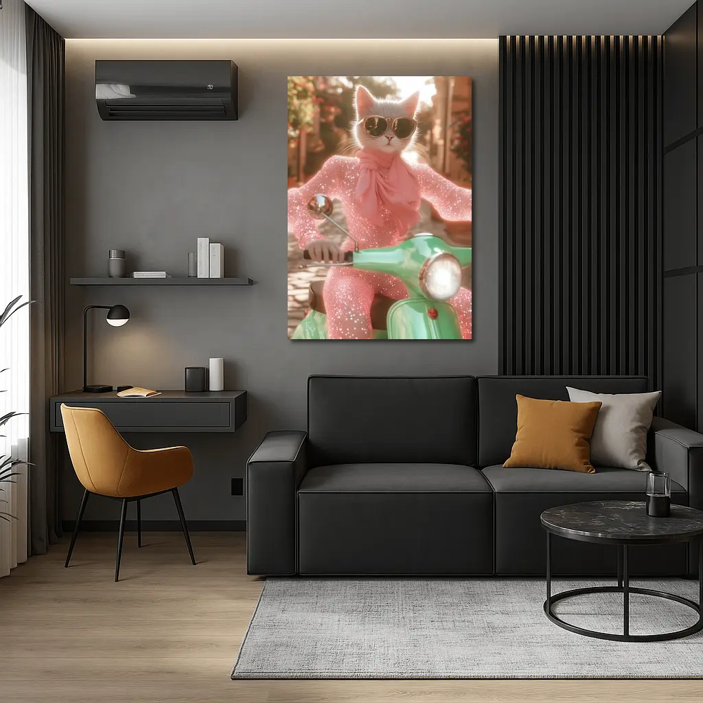 White Cat Sunglasses Pink Glitter Scooter Street – Wall Art