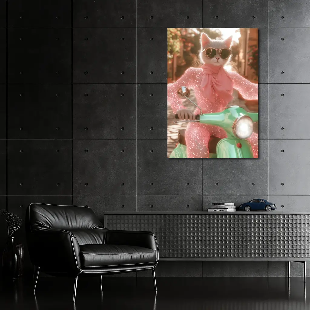 White Cat Sunglasses Pink Glitter Scooter Street – Wall Art