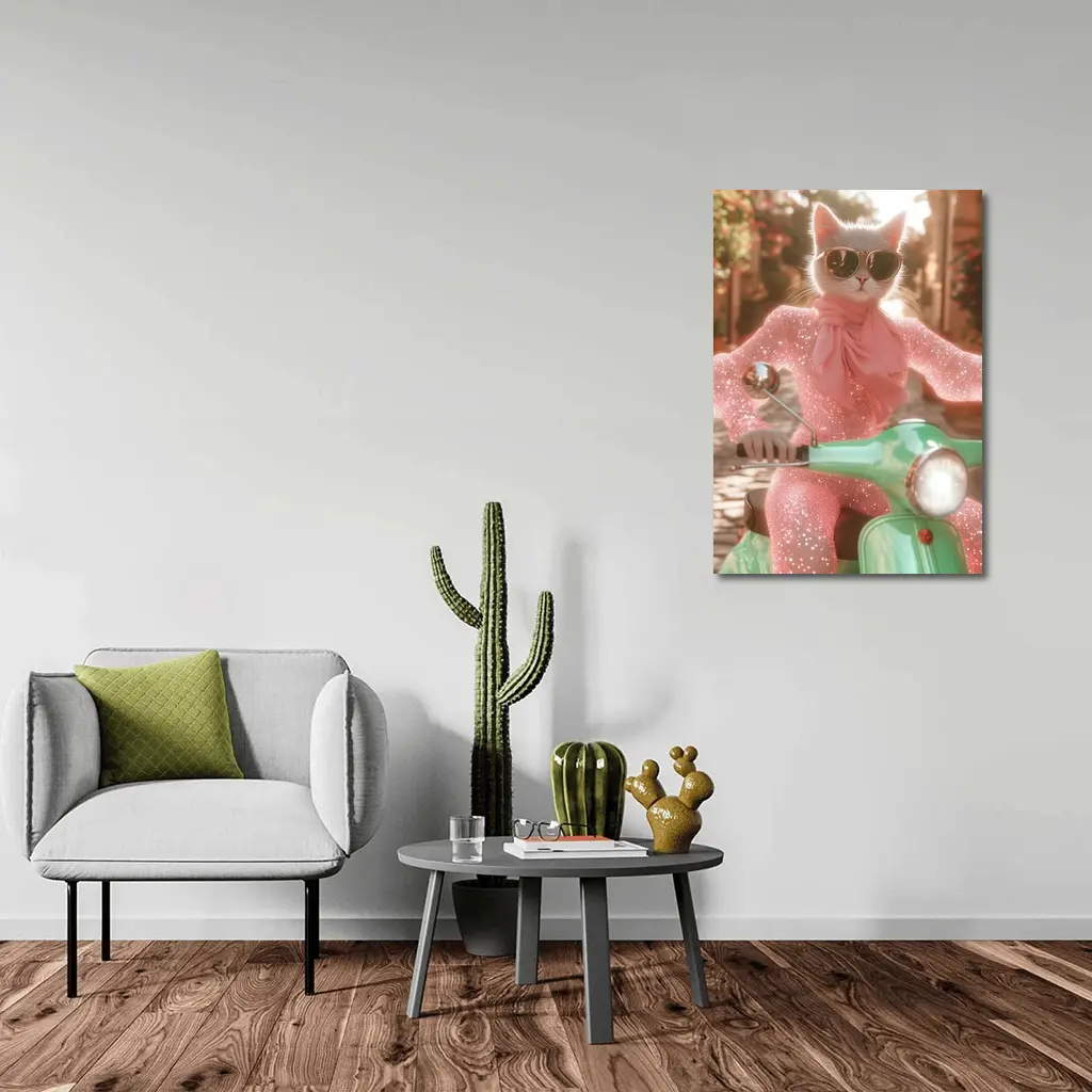White Cat Sunglasses Pink Glitter Scooter Street – Wall Art