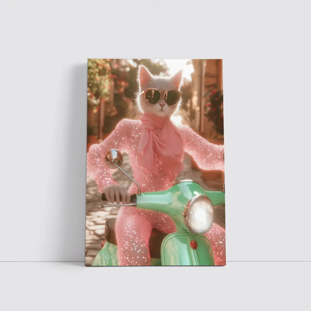 White Cat Sunglasses Pink Glitter Scooter Street – Wall Art