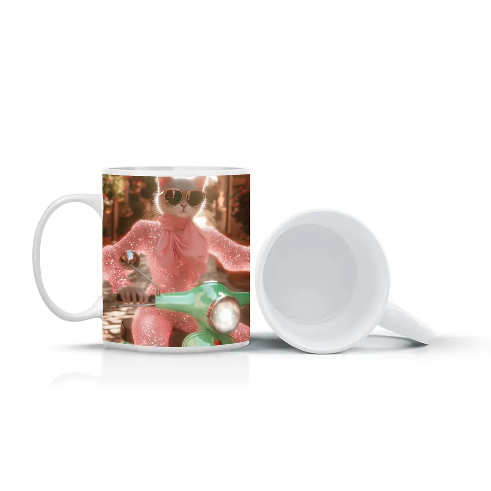 White Cat Sunglasses Pink Glitter Scooter Street – Mugs