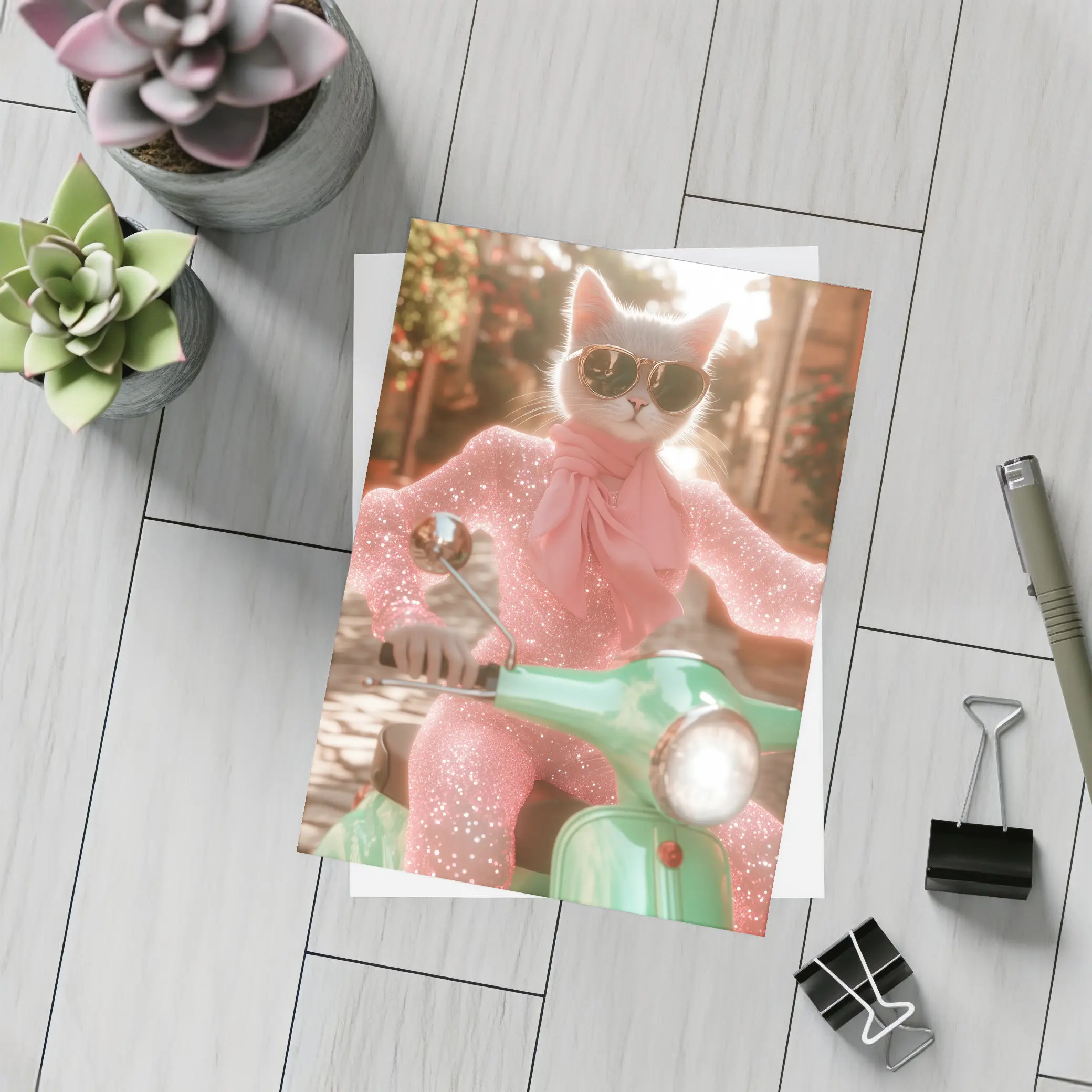 White Cat Sunglasses Pink Glitter Scooter Street – Postcards