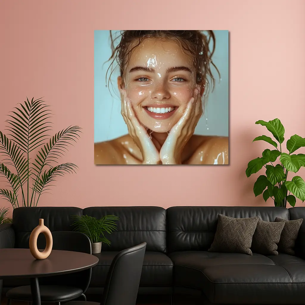 Smiling Woman Washing Face With Water – Wall Art