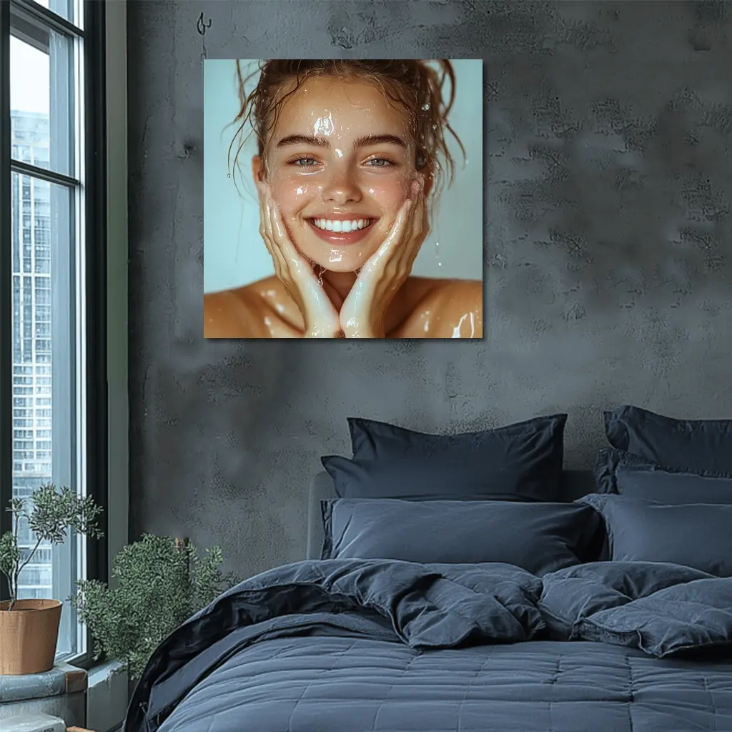 Smiling Woman Washing Face With Water – Wall Art