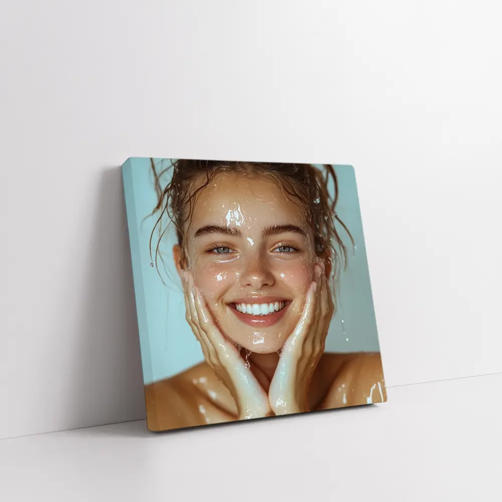 Smiling Woman Washing Face With Water – Wall Art