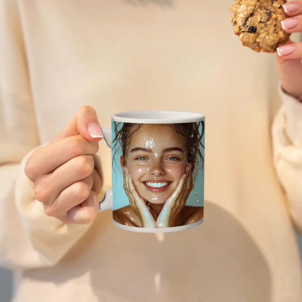 Smiling Woman Washing Face With Water – Mugs