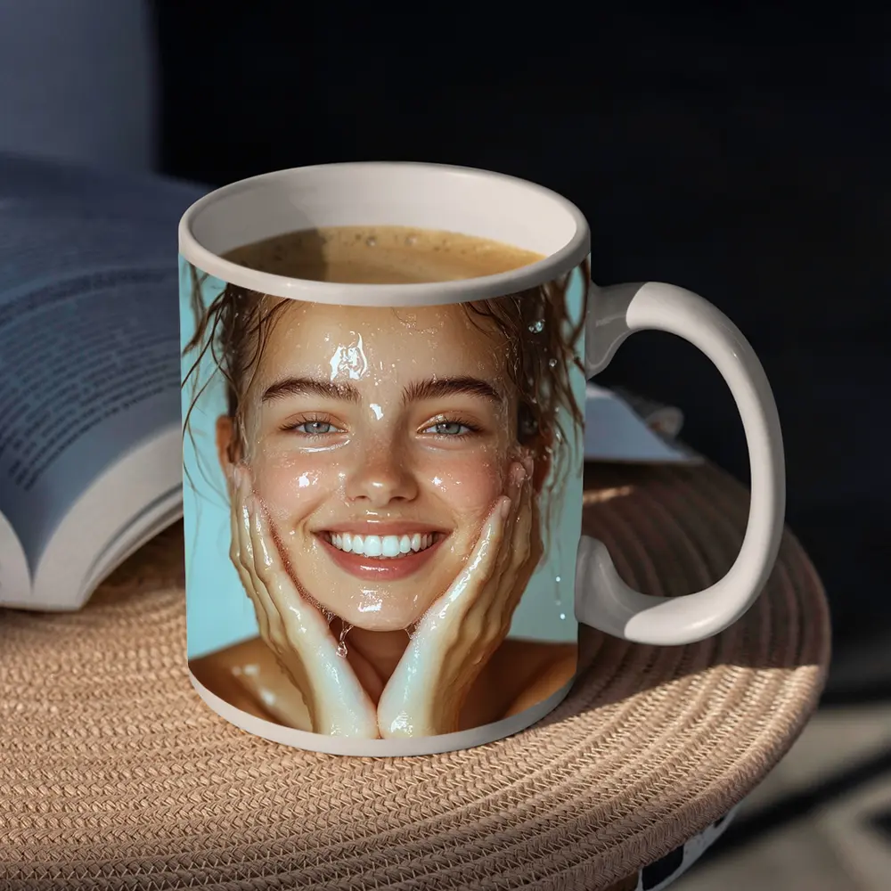 Smiling Woman Washing Face With Water – Mugs