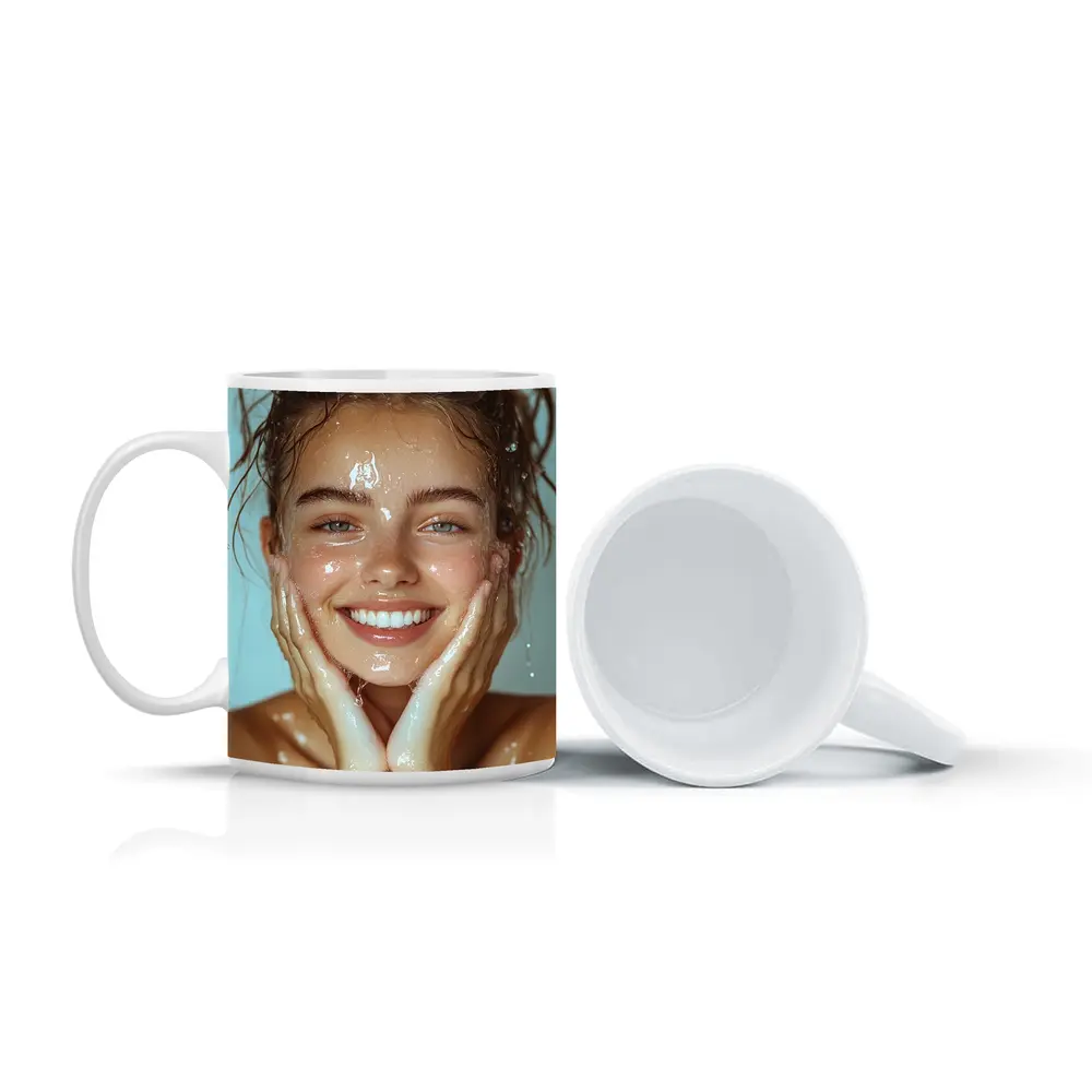 Smiling Woman Washing Face With Water – Mugs