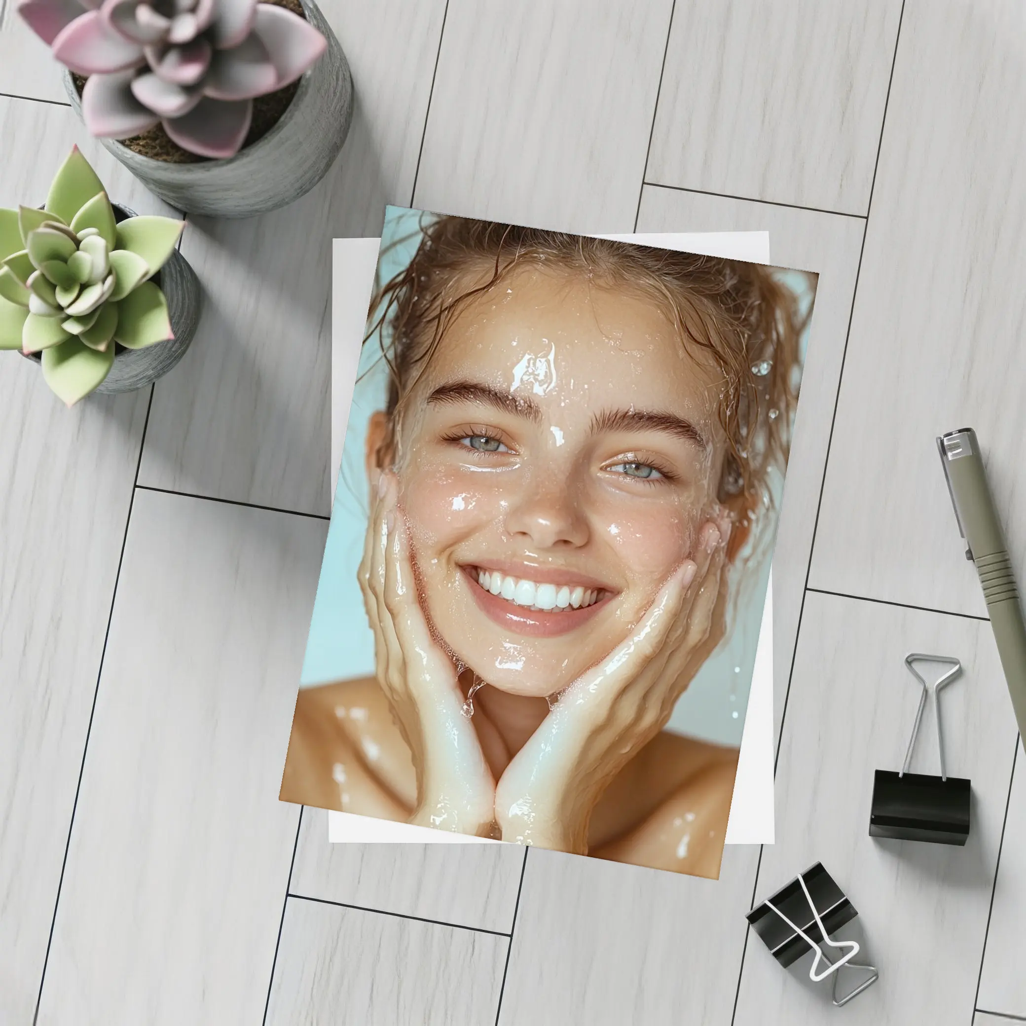 Smiling Woman Washing Face With Water – Postcards