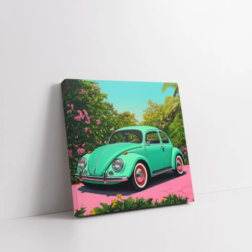 Volkswagen Beetle Mint Green Tropical Garden – Wall Art