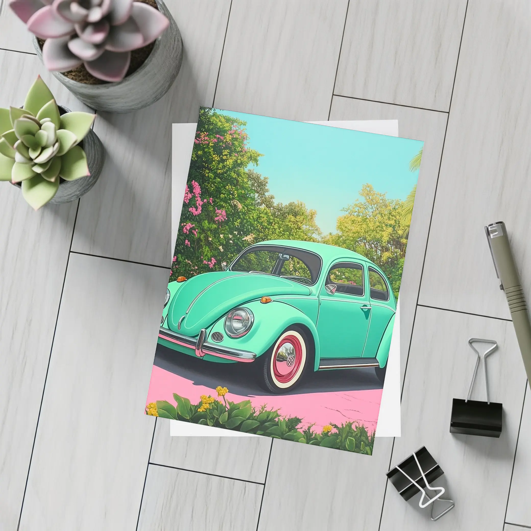 Volkswagen Beetle Mint Green Tropical Garden – Postcards