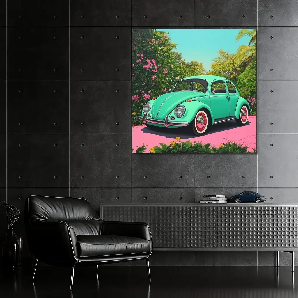 Volkswagen Beetle Mint Green Tropical Garden – Wall Art