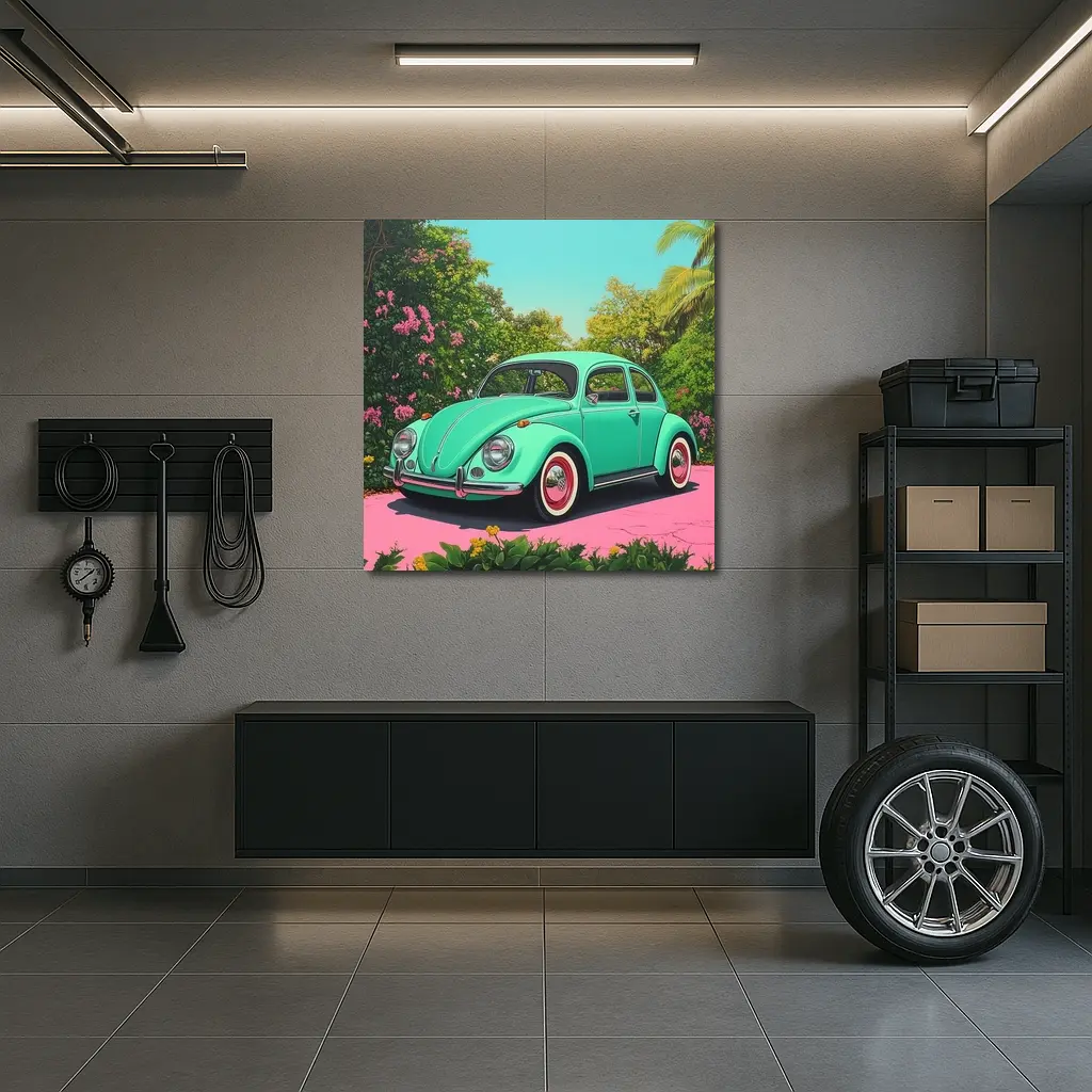 Volkswagen Beetle Mint Green Tropical Garden – Wall Art