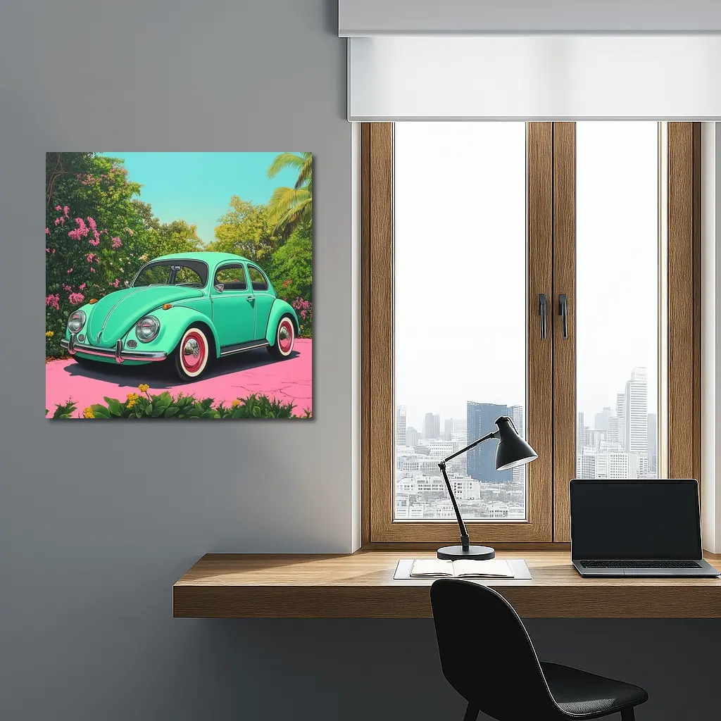 Volkswagen Beetle Mint Green Tropical Garden – Wall Art