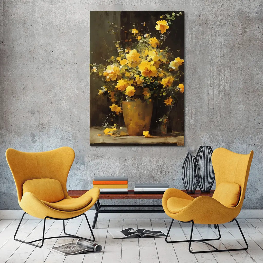 Yellow Roses Bouquet Dark Brown Background – Wall Art