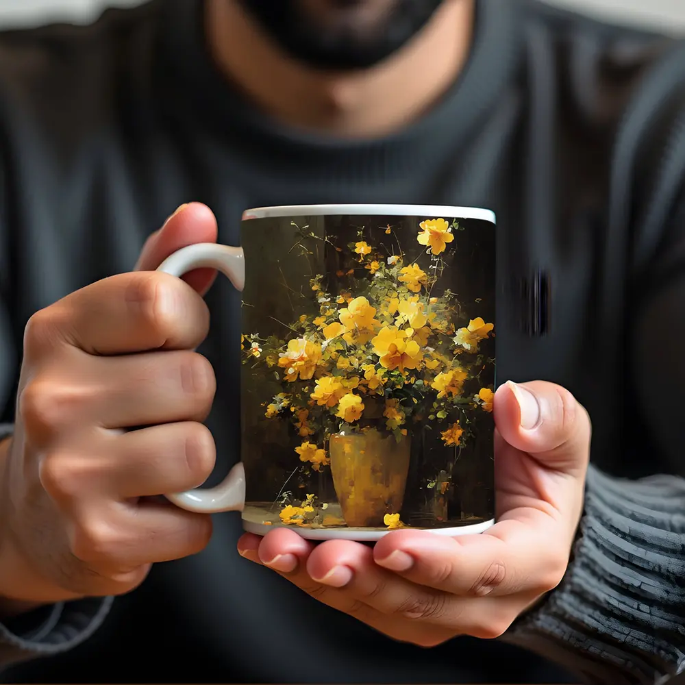 Yellow Roses Bouquet Dark Brown Background – Mugs