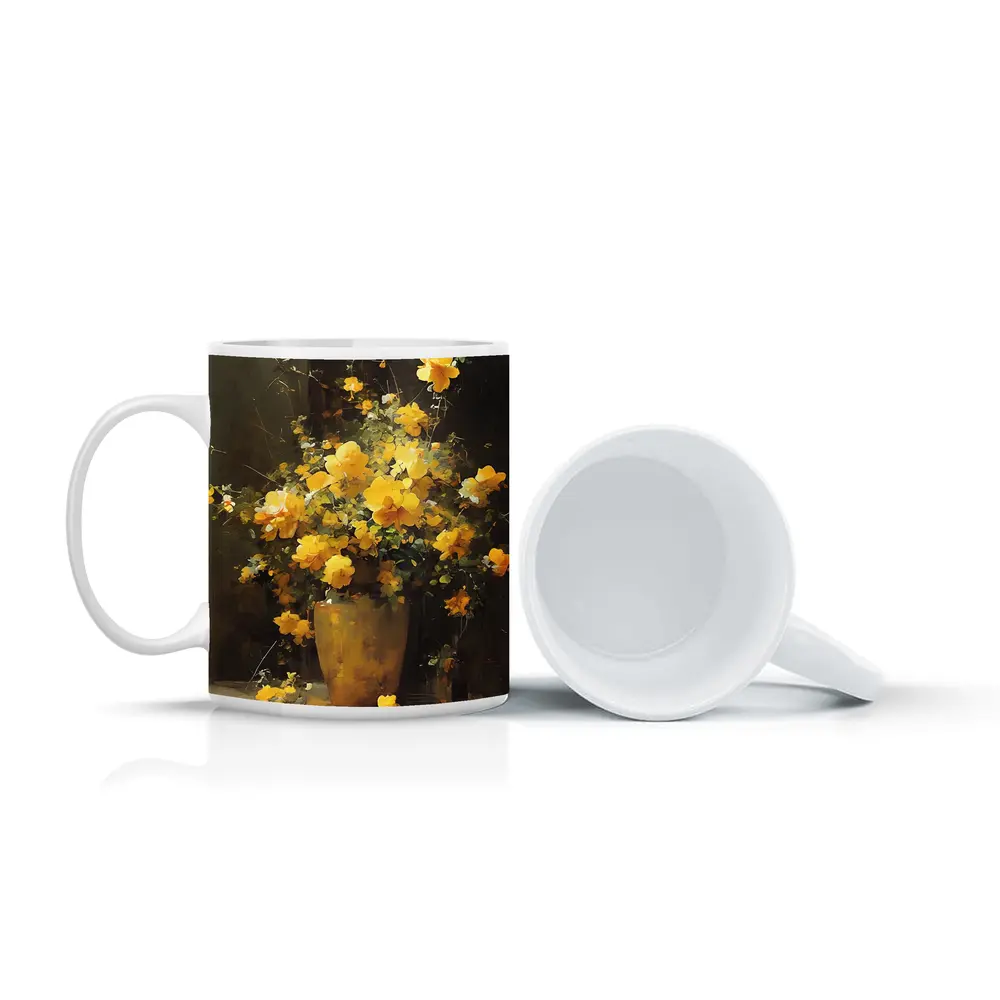 Yellow Roses Bouquet Dark Brown Background – Mugs
